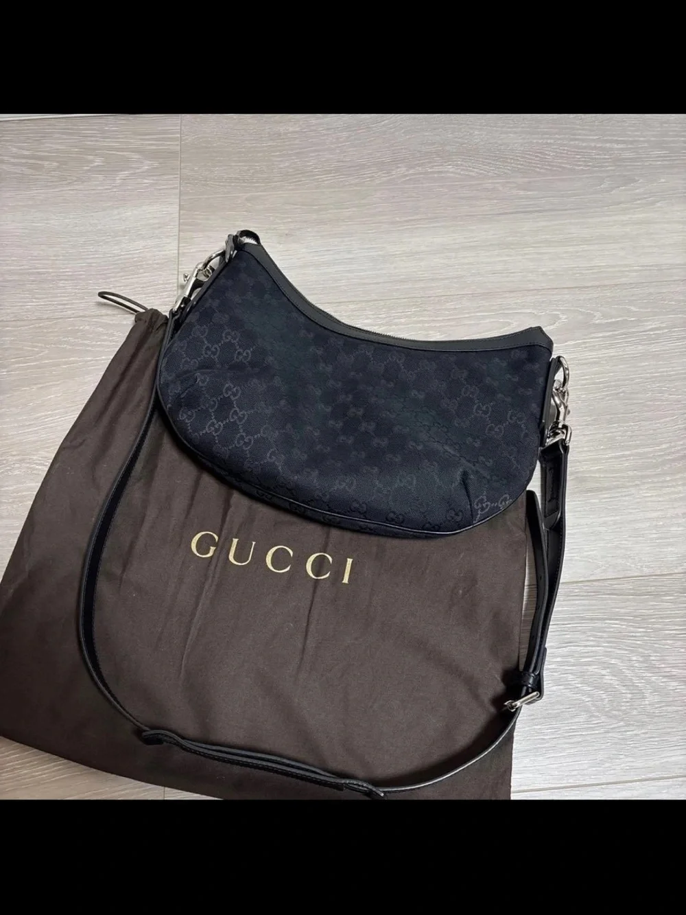 Gucci Black Jacquard Crescent Shoulder Bag with Adjustable Strap